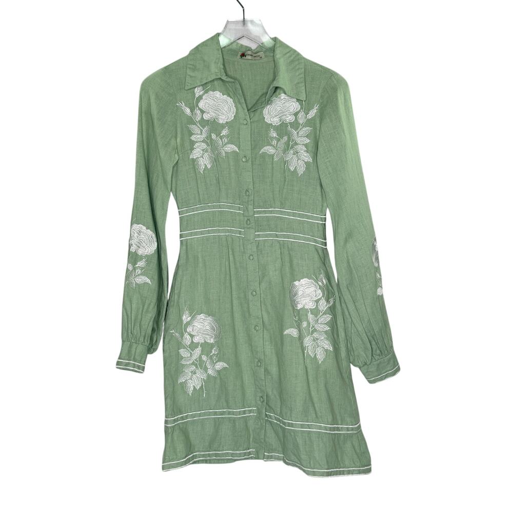 Fanm Mon Soma Shirt Dress XS Green Embroidered 100% Linen Floral *flaw